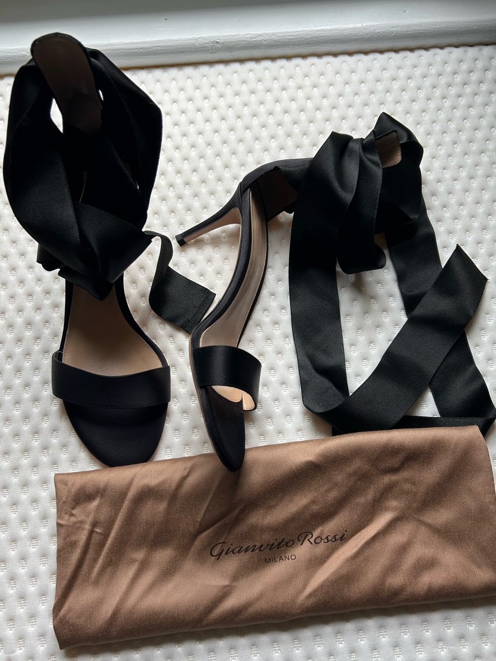 Gianvito Rossi Gala Black Satin Ankle Wrap Stiletto Sandals Heels 38